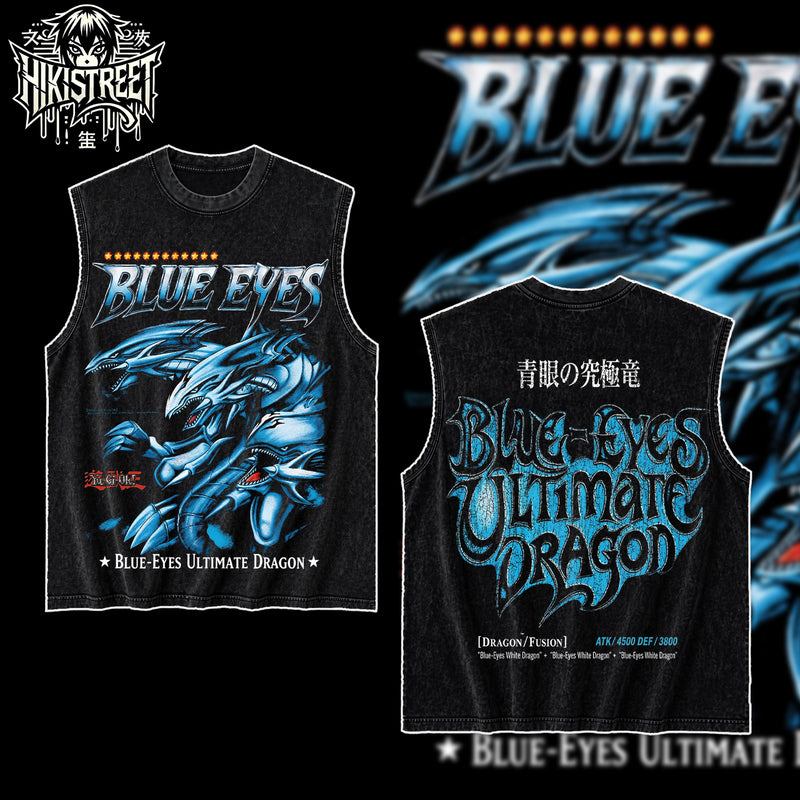 [HIKISTREET] Vintage Blue Eyes Dragon Acid Washed T-Shirt Unisex Oversized Anime Manga T-Shirt Heavyweight Cotton Tee for Anime Fans, Yugioh merch, T-shirt anime gift, Anime Streetwear, graphic tees