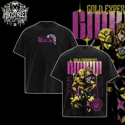 [HIKISTREET] JoJo's Bizarre Adventure Giorno Giovanna Vintage Washed Unisex Oversized Anime Graphic T-Shirt, Double Sided Print Streetwear Tee, JoJo Streetwear Double Print Shirt