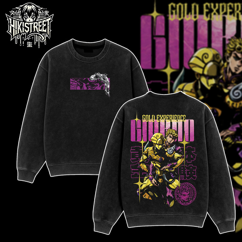 [HIKISTREET] JoJo's Bizarre Adventure Giorno Giovanna Vintage Washed Unisex Oversized Anime Graphic T-Shirt, Double Sided Print Streetwear Tee, JoJo Streetwear Double Print Shirt