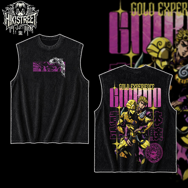 [HIKISTREET] JoJo's Bizarre Adventure Giorno Giovanna Vintage Washed Unisex Oversized Anime Graphic T-Shirt, Double Sided Print Streetwear Tee, JoJo Streetwear Double Print Shirt