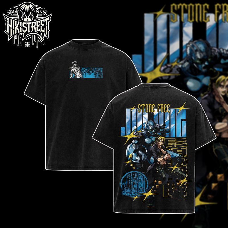 [HIKISTREET] JoJo's Bizarre Adventure Jolyne Cujoh Vintage Washed Unisex Oversized Anime Graphic T-Shirt, Double Sided Print Streetwear Tee, JoJo Streetwear Double Print Shirt