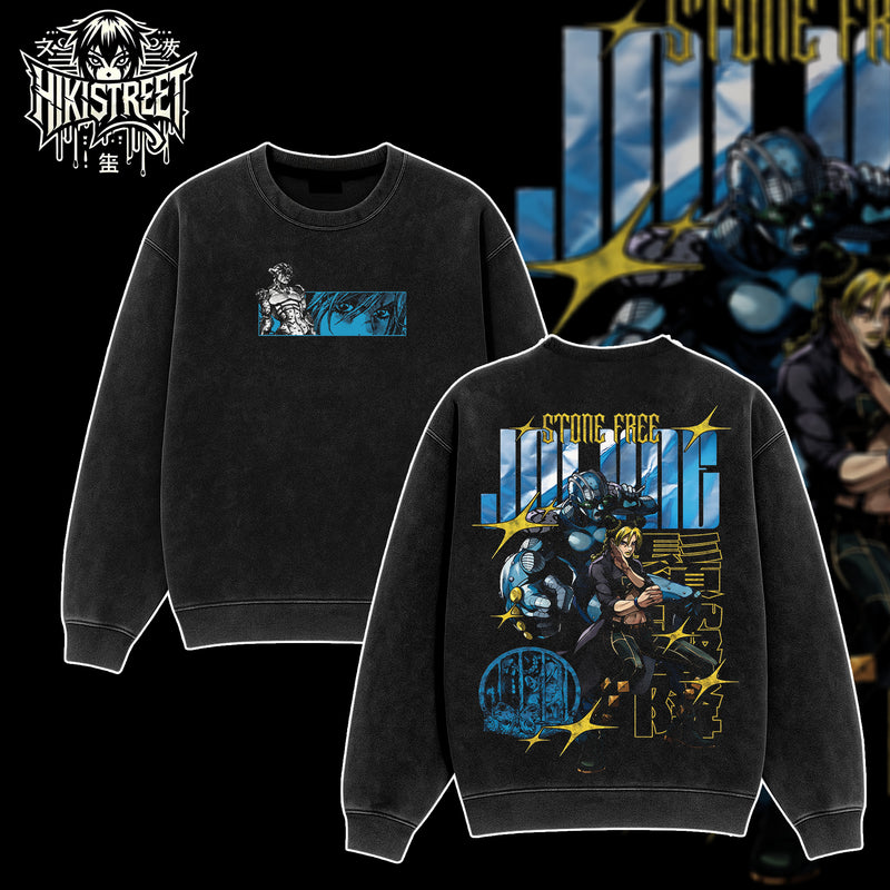 [HIKISTREET] JoJo's Bizarre Adventure Jolyne Cujoh Vintage Washed Unisex Oversized Anime Graphic T-Shirt, Double Sided Print Streetwear Tee, JoJo Streetwear Double Print Shirt