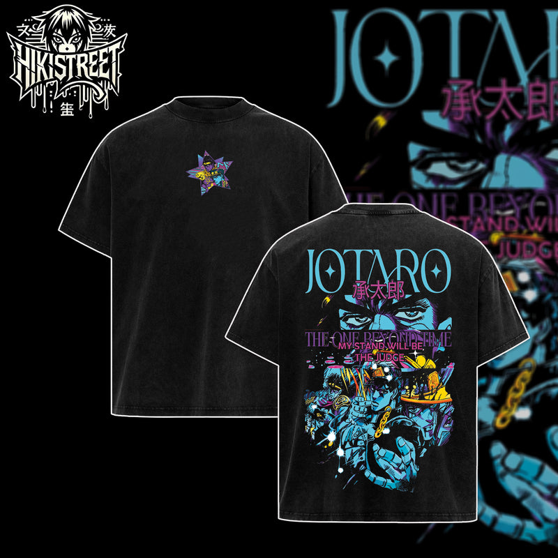 [HIKISTREET] JoJo's Bizarre Adventure Jotaro Kujo V4 Vintage Washed Unisex Oversized Anime Graphic T-Shirt, Double Sided Print Streetwear Tee, JoJo Streetwear Double Print Shirt
