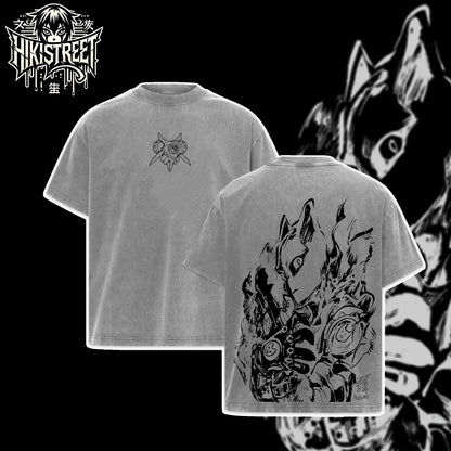 [HIKISTREET] JoJo's Bizarre Adventure Killer Queen Vintage Washed Unisex Oversized Anime Graphic T-Shirt, Double Sided Print Streetwear Tee, JoJo Streetwear Double Print Shirt