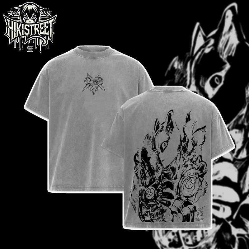 [HIKISTREET] JoJo's Bizarre Adventure Killer Queen Vintage Washed Unisex Oversized Anime Graphic T-Shirt, Double Sided Print Streetwear Tee, JoJo Streetwear Double Print Shirt