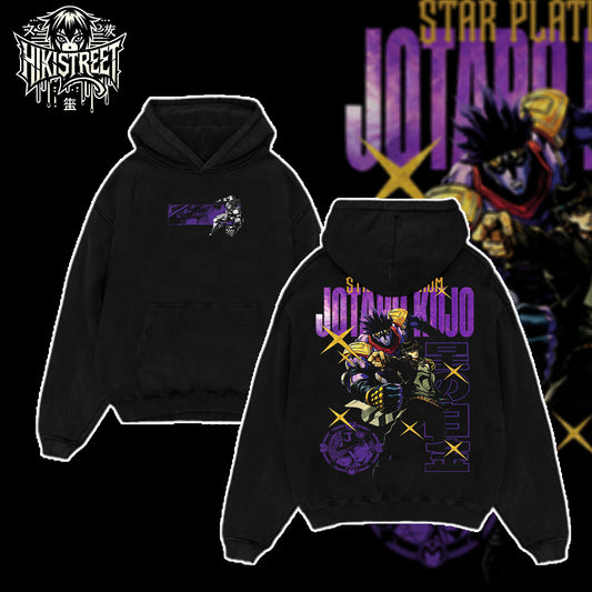 [HIKISTREET] JoJo's Bizarre Adventure Jotaro Kujo Vintage Washed Unisex Oversized Anime Graphic T-Shirt, Double Sided Print Streetwear Tee, JoJo Streetwear Double Print Shirt