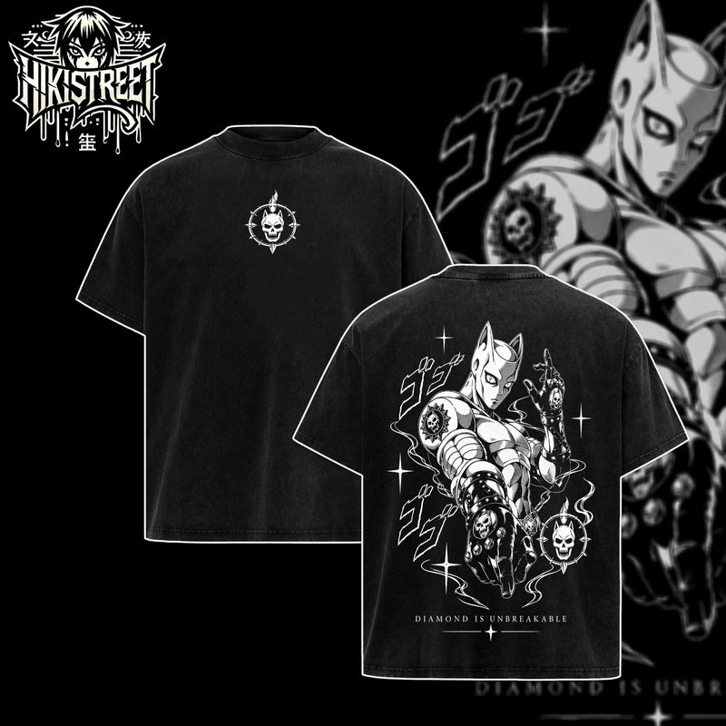 [HIKISTREET] JoJo's Bizarre Adventure Killer Queen V2 Vintage Washed Unisex Oversized Anime Graphic T-Shirt, Double Sided Print Streetwear Tee, JoJo Streetwear Double Print Shirt
