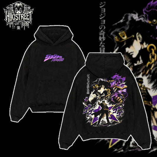 [HIKISTREET] JoJo's Bizarre Adventure Jotaro Kujo V2 Vintage Washed Unisex Oversized Anime Graphic T-Shirt, Double Sided Print Streetwear Tee, JoJo Streetwear Double Print Shirt