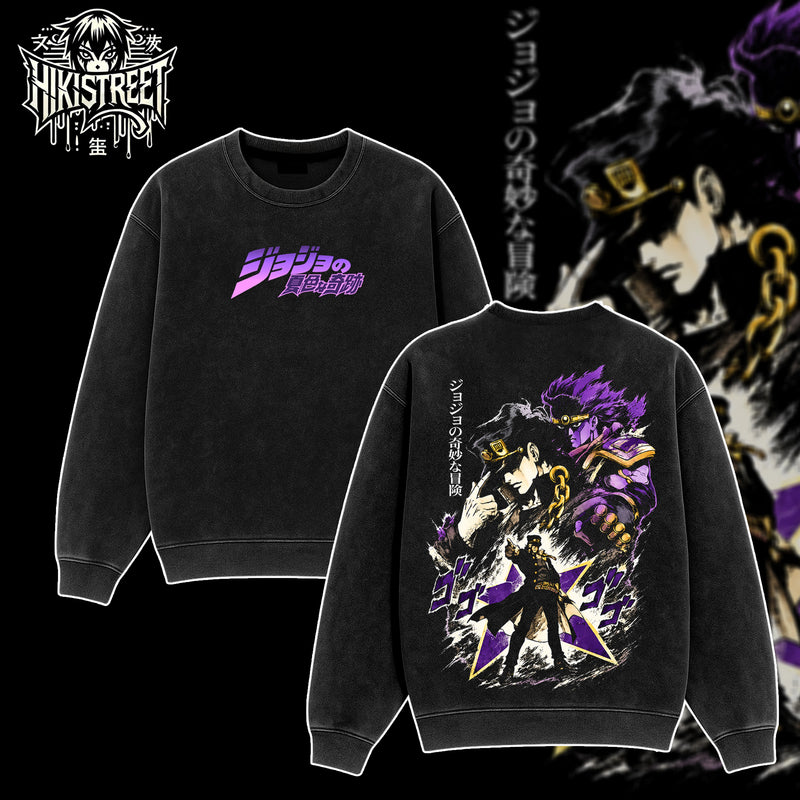 [HIKISTREET] JoJo's Bizarre Adventure Jotaro Kujo V2 Vintage Washed Unisex Oversized Anime Graphic T-Shirt, Double Sided Print Streetwear Tee, JoJo Streetwear Double Print Shirt