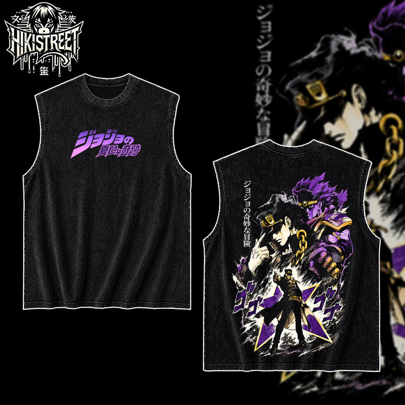 [HIKISTREET] JoJo's Bizarre Adventure Jotaro Kujo V2 Vintage Washed Unisex Oversized Anime Graphic T-Shirt, Double Sided Print Streetwear Tee, JoJo Streetwear Double Print Shirt