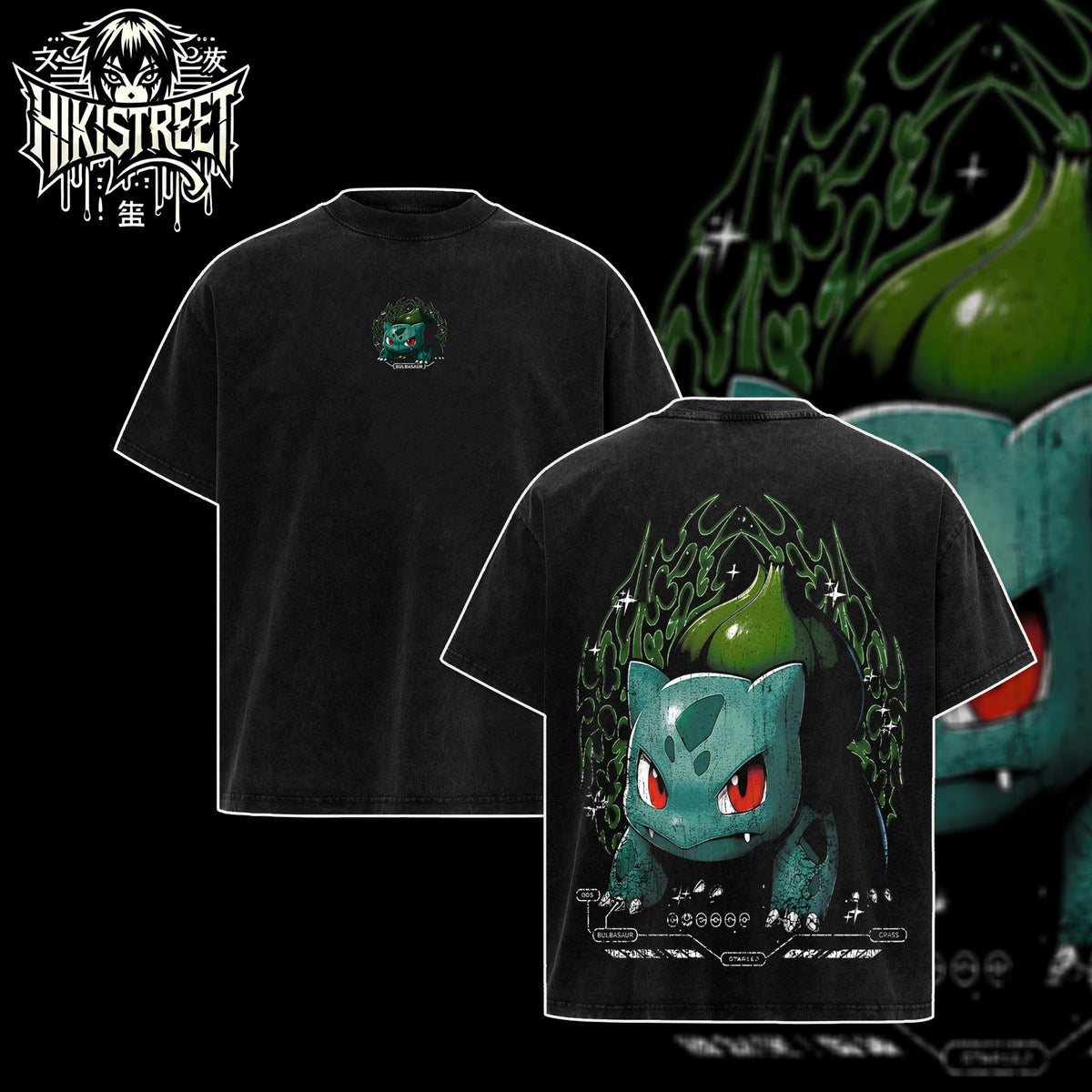 [HIKISTREET] Vintage Bulbasaur Acid Washed T-Shirt, Pokemon Merch, Anime Washed Oversized Tee, Aesthetic Anime Streetwear Gift