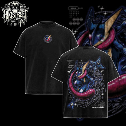 [HIKISTREET] Vintage Greninja Acid Washed T-Shirt, Pokemon Merch, Anime Washed Oversized Tee, Aesthetic Anime Streetwear Gift