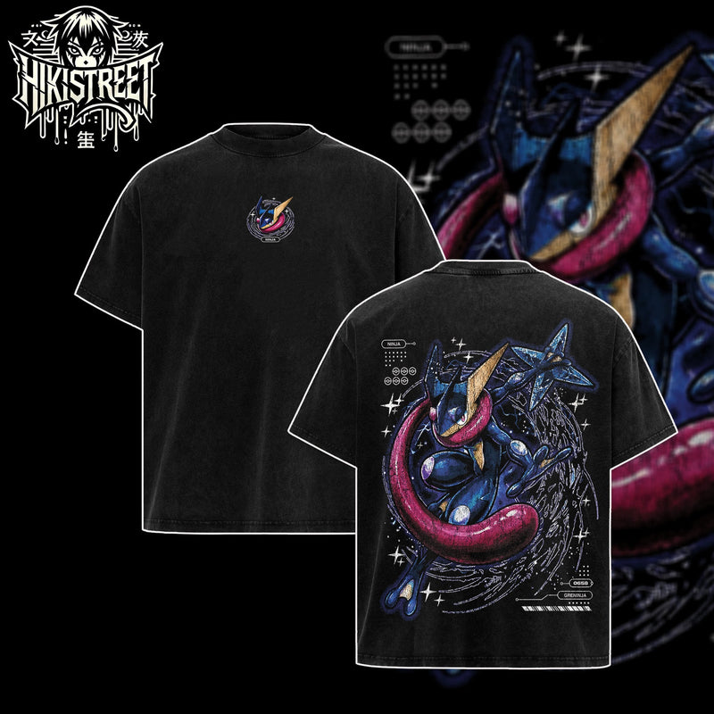 [HIKISTREET] Vintage Greninja Acid Washed T-Shirt, Pokemon Merch, Anime Washed Oversized Tee, Aesthetic Anime Streetwear Gift