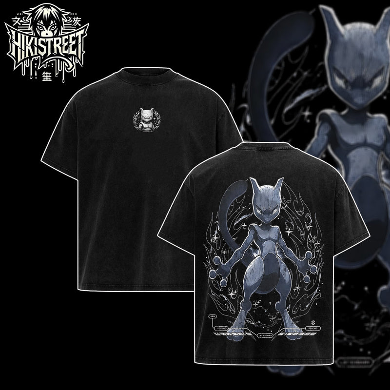 [HIKISTREET] Vintage Mewtwo Acid Washed T-Shirt, Pokemon Merch, Anime Washed Oversized Tee, Aesthetic Anime Streetwear Gift