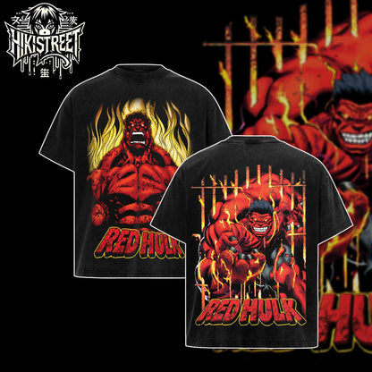 [HIKISTREET] Vintage The Red Hulk Acid Washed T-Shirt, MCU Merch, Comics Washed Oversized Tee, Aesthetic Comics Streetwear Gift