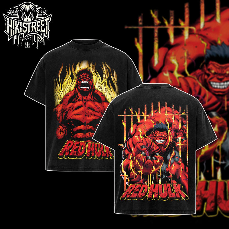 [HIKISTREET] Vintage The Red Hulk Acid Washed T-Shirt, MCU Merch, Comics Washed Oversized Tee, Aesthetic Comics Streetwear Gift