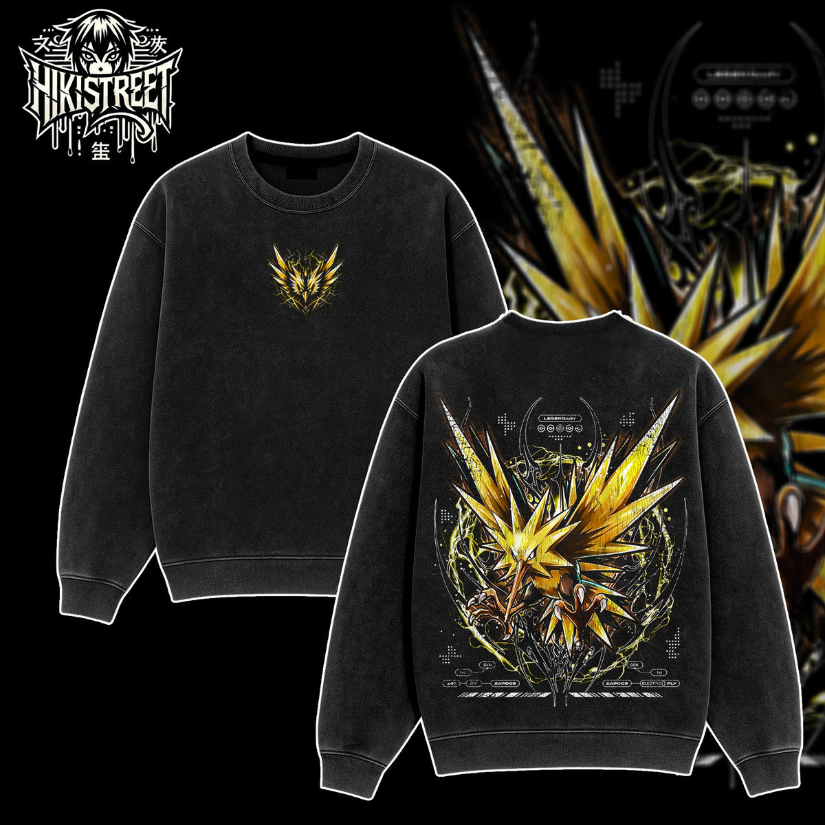 [HIKISTREET] Vintage Zapdos Acid Washed T-Shirt, Pokemon Merch, Anime Washed Oversized Tee, Aesthetic Anime Streetwear Gift