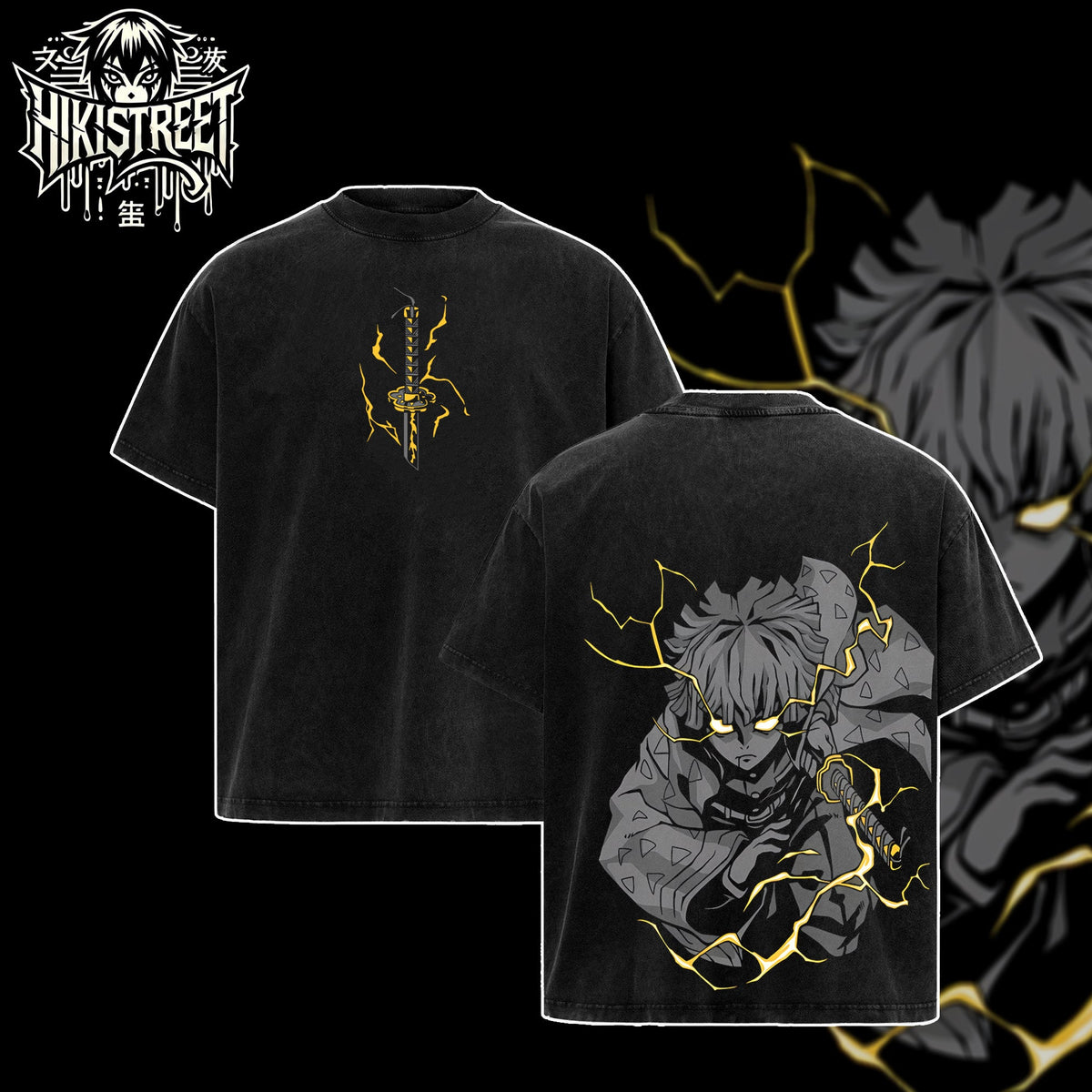[HIKISTREET] Vintage Zenitsu Thunder Breathing Acid Washed T-Shirt, Demon Slayer Merch, Anime Washed Oversized Tee, Aesthetic Anime Streetwear Gift