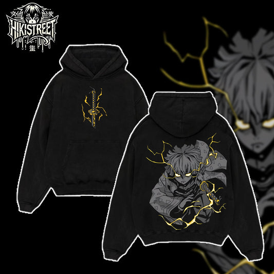 [HIKISTREET] Vintage Zenitsu Thunder Breathing Acid Washed T-Shirt, Demon Slayer Merch, Anime Washed Oversized Tee, Aesthetic Anime Streetwear Gift