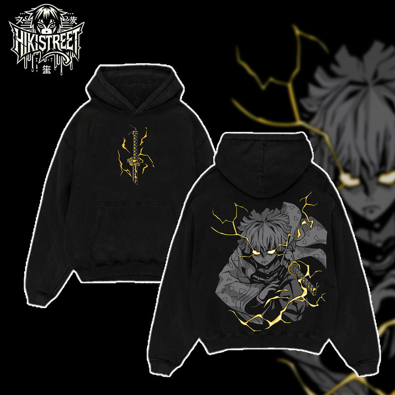 [HIKISTREET] Vintage Zenitsu Thunder Breathing Acid Washed T-Shirt, Demon Slayer Merch, Anime Washed Oversized Tee, Aesthetic Anime Streetwear Gift