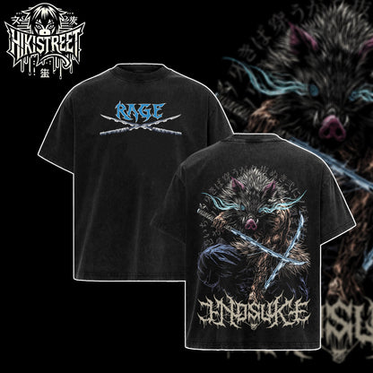 [HIKISTREET] Vintage Inosuke Hashibira Acid Washed T-Shirt, Demon Slayer Merch, Anime Washed Oversized Tee, Aesthetic Anime Streetwear Gift