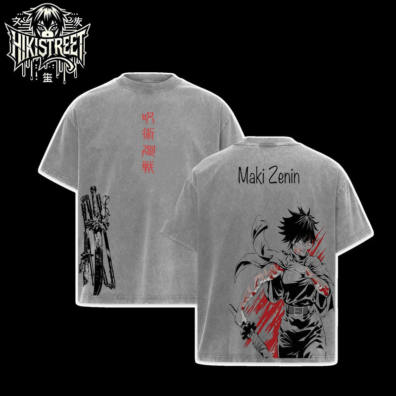 [HIKISTREET] Vintage Maki Zenin V3 Acid Washed T-Shirt, Jujutsu Kaisen Merch, Anime Washed Oversized Tee, Aesthetic Anime Streetwear Gift