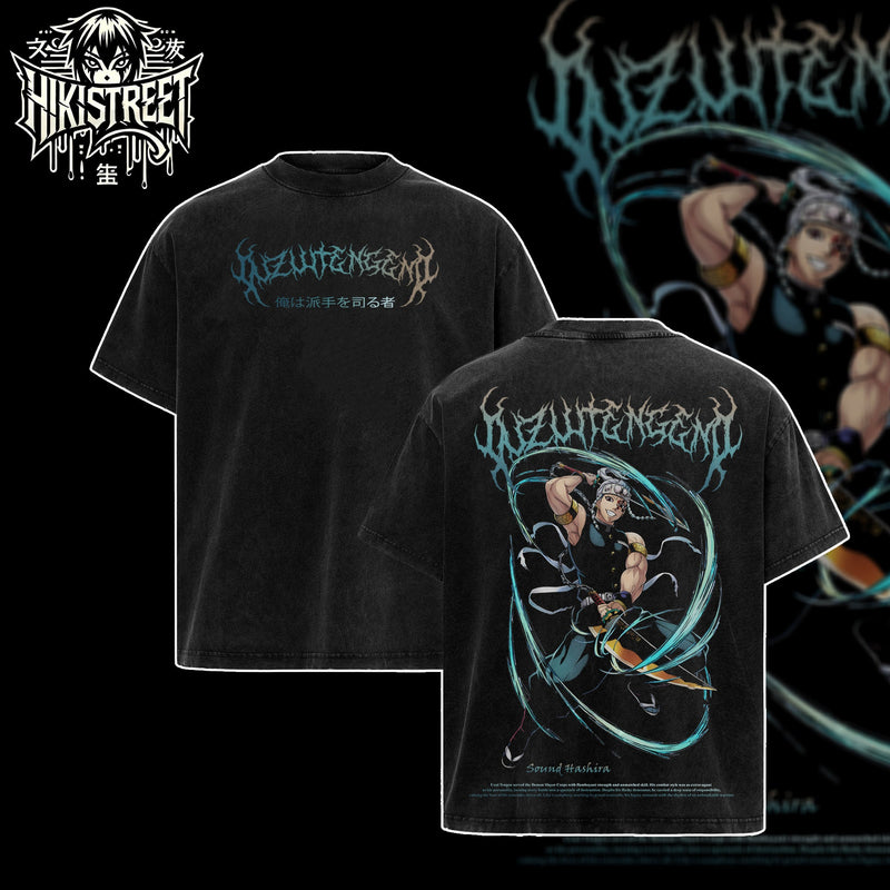 [HIKISTREET] Vintage Tengen Uzui Acid Washed T-Shirt, Demon Slayer Merch, Anime Washed Oversized Tee, Aesthetic Anime Streetwear Gift