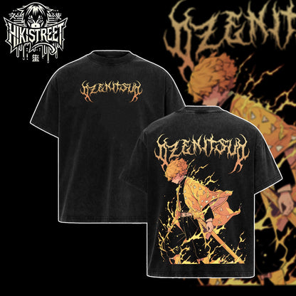 [HIKISTREET] Vintage Zenitsu Acid Washed T-Shirt, Demon Slayer Merch, Anime Washed Oversized Tee, Aesthetic Anime Streetwear Gift