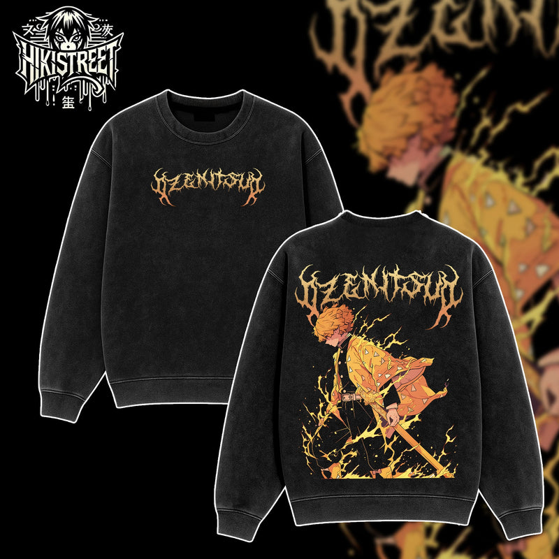 [HIKISTREET] Vintage Zenitsu Acid Washed T-Shirt, Demon Slayer Merch, Anime Washed Oversized Tee, Aesthetic Anime Streetwear Gift