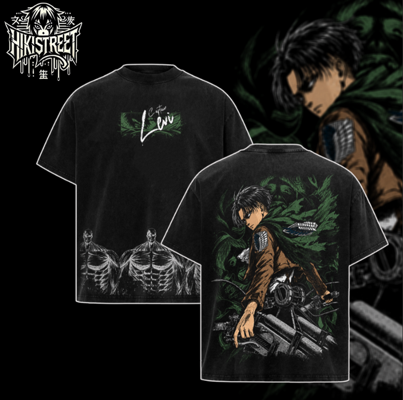 [HIKISTREET] Vintage Levi Ackerman V2 Acid Washed T-Shirt, Attack On Titan Merch, Anime Washed Oversized Tee, Aesthetic Anime Streetwear Gift