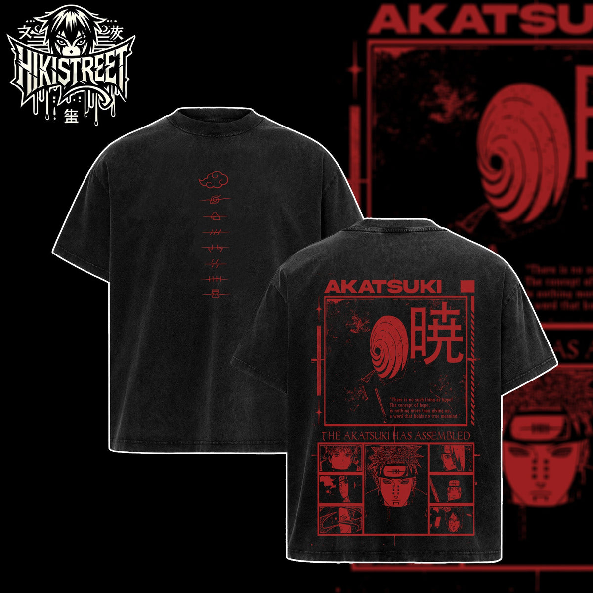 [HIKISTREET] Vintage Akatsuki Group Acid Washed T-Shirt, Naruto Merch, Anime Washed Oversized Tee, Aesthetic Anime Streetwear Gift