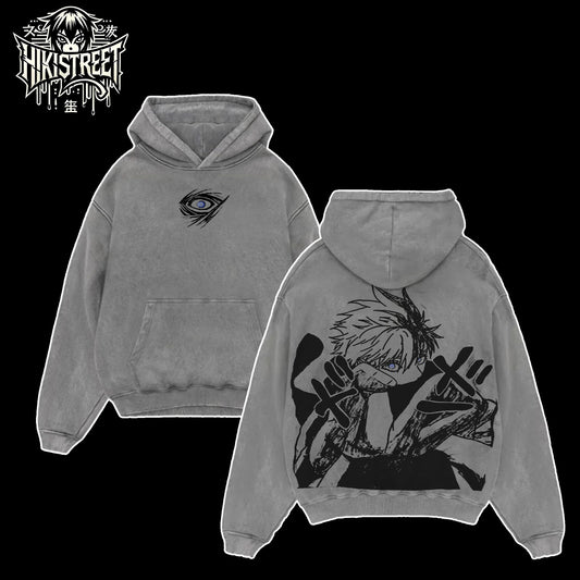 [HIKISTREET] Vintage Gojo Satoru V2 Acid Washed T-Shirt, Jujutsu Kaisen Merch, Anime Washed Oversized Tee, Aesthetic Anime Streetwear Gift
