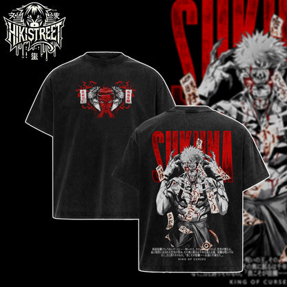 [HIKISTREET] Vintage Sukuna King Of Curses Acid Washed T-Shirt, Jujutsu Kaisen Merch, Anime Washed Oversized Tee, Aesthetic Anime Streetwear Gift