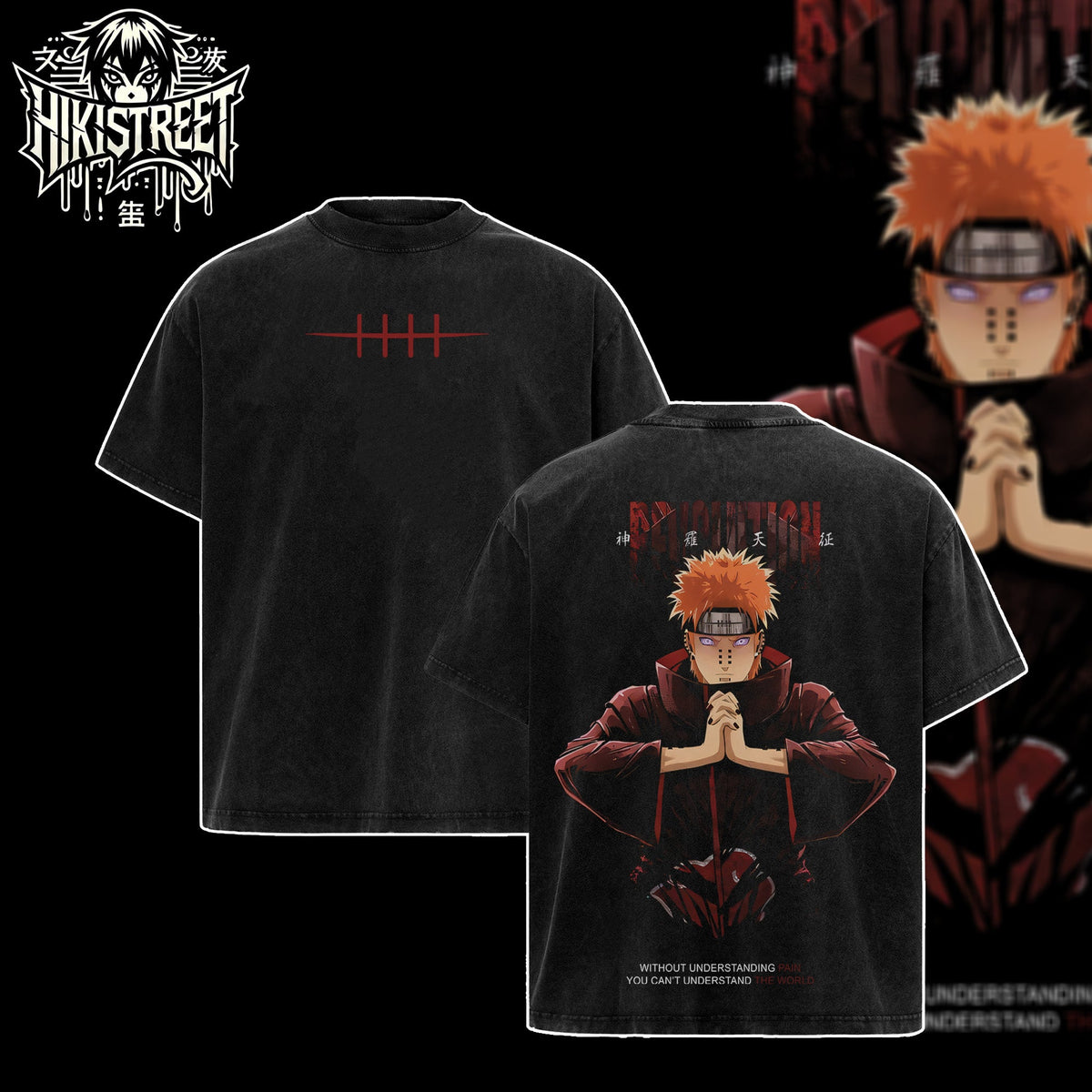 [HIKISTREET] Vintage Pain Acid Washed T-Shirt, Naruto Merch, Anime Washed Oversized Tee, Aesthetic Anime Streetwear Gift