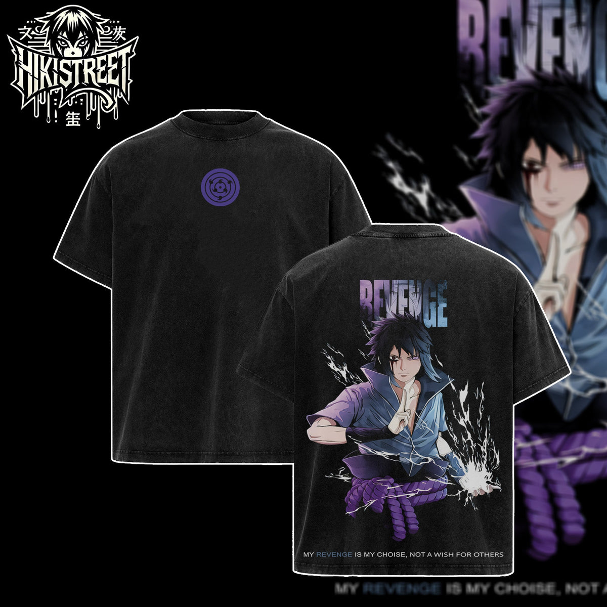 [HIKISTREET] Vintage Uchiha Sasuke Acid Washed T-Shirt, Naruto Merch, Anime Washed Oversized Tee, Aesthetic Anime Streetwear Gift