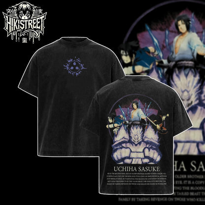 [HIKISTREET] Vintage Uchiha Sasuke V2 Acid Washed T-Shirt, Naruto Merch, Anime Washed Oversized Tee, Aesthetic Anime Streetwear Gift