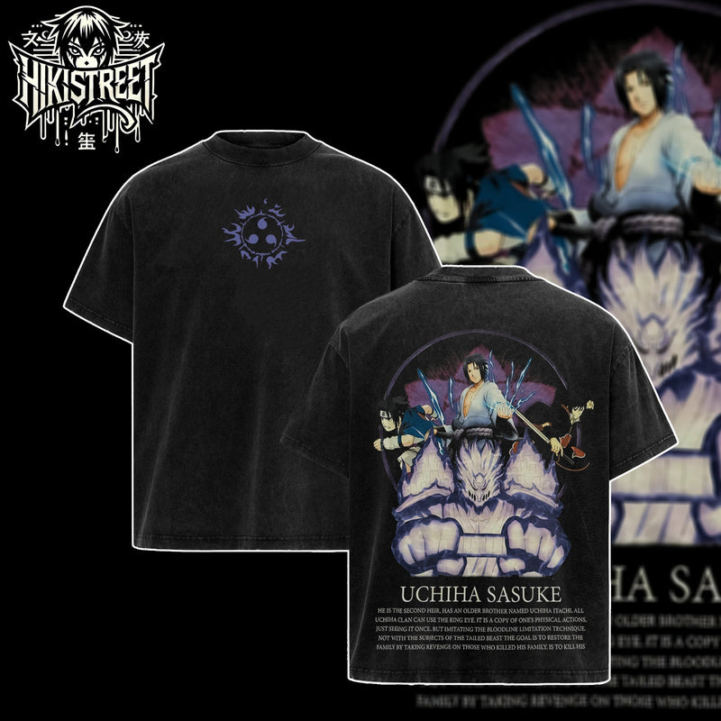 [HIKISTREET] Vintage Uchiha Sasuke V2 Acid Washed T-Shirt, Naruto Merch, Anime Washed Oversized Tee, Aesthetic Anime Streetwear Gift