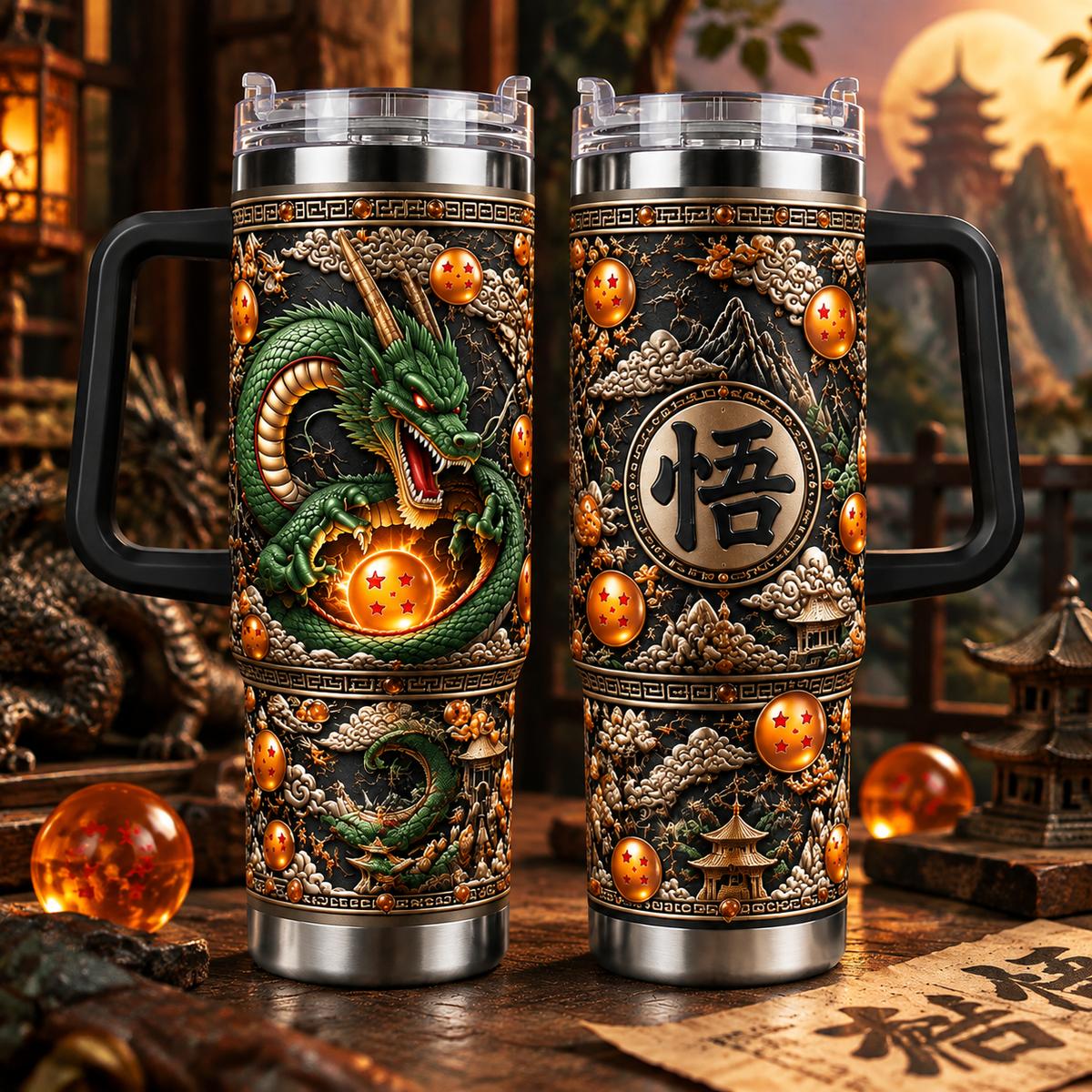 [HIKISTREET] Dragon Ball Shenron 40oz Tumbler with Handle, Vintage Dragon Ball Goku Double Wall Insulated Travel Mug, Stainless Steel Cup, Gift for Anime Fans, Anime Tumbler