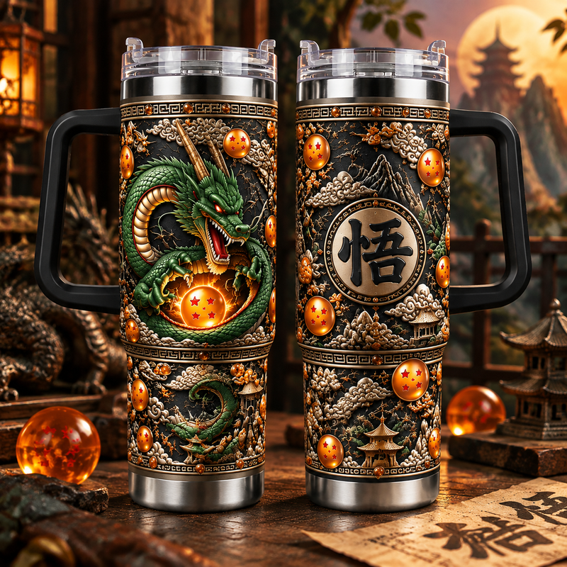 [HIKISTREET] Dragon Ball Shenron 40oz Tumbler with Handle, Vintage Dragon Ball Goku Double Wall Insulated Travel Mug, Stainless Steel Cup, Gift for Anime Fans, Anime Tumbler