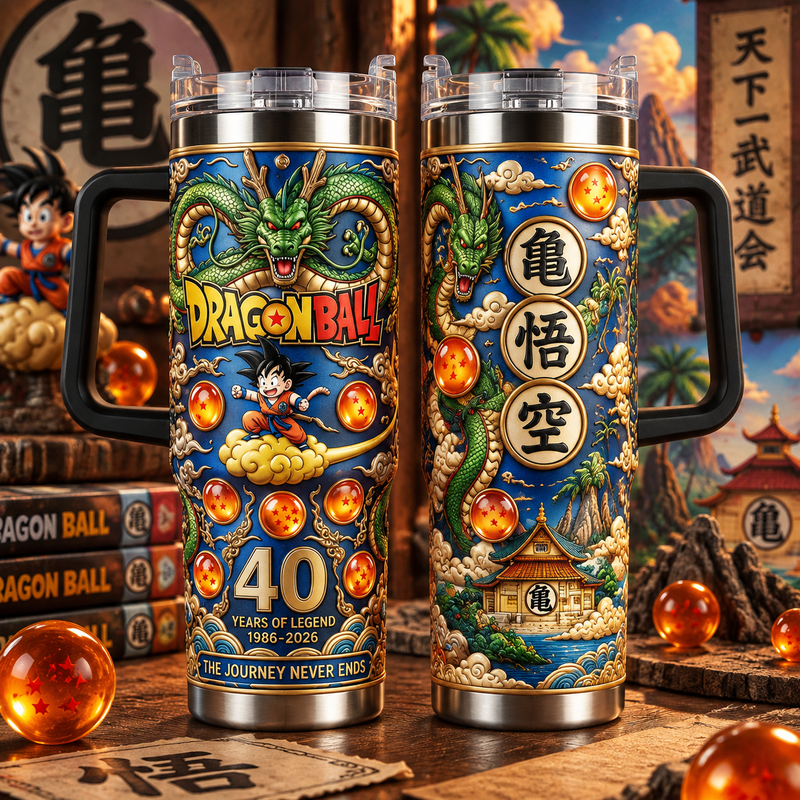 [HIKISTREET] Dragon Ball 40th Anniversary 40oz Tumbler with Handle, Vintage Dragon Ball Goku Double Wall Insulated Travel Mug, Stainless Steel Cup, Gift for Anime Fans, Anime Tumbler
