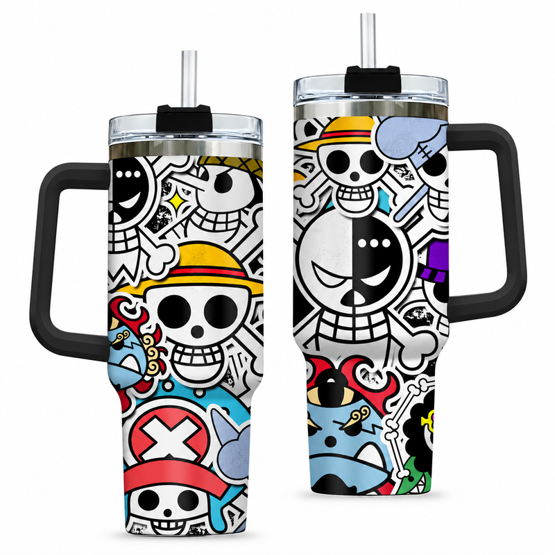 [HIKISTREET] One Piece Symbols Insulated Tumbler with Handle and Straw - 40oz Stainless Steel Travel Mug - One Piece Gift for Fans - Double Wall Vacuum Cup for Hot/Cold Drinks, Stainless Steel Travel Mug