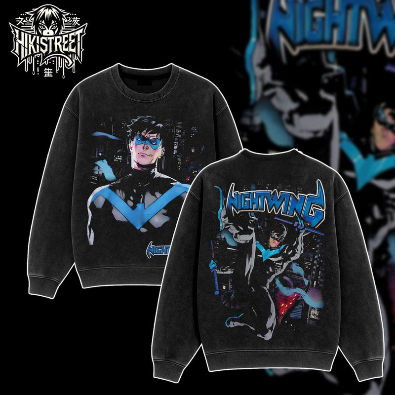 [HIKISTREET] Vintage Nightwing Acid Washed T-Shirt, DC Merch, Comics Washed Oversized Tee, Aesthetic Comics Streetwear Gift