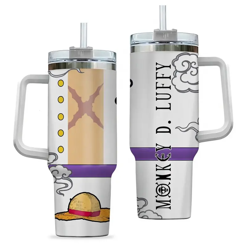 [HIKISTREET] Luffy King Of Pirates 40oz Tumbler with Handle and Straw, Stainless Steel Vacuum Insulated Cup, OP Jolly Roger Skull Design, Anime Merch, Anime Tumbler
