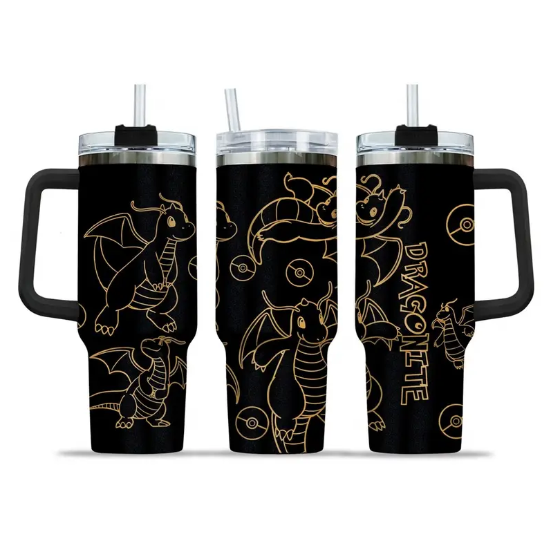 [HIKISTREET] Dragonite Pokemon 40oz Tumbler with Handle and Straw, Stainless Steel Vacuum Insulated Cup, Pocket Monster Design, Anime Merch, Anime Tumbler