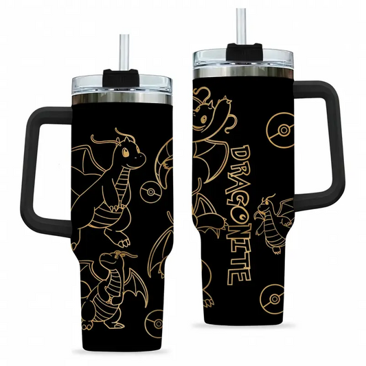 [HIKISTREET] Dragonite Pokemon 40oz Tumbler with Handle and Straw, Stainless Steel Vacuum Insulated Cup, Pocket Monster Design, Anime Merch, Anime Tumbler