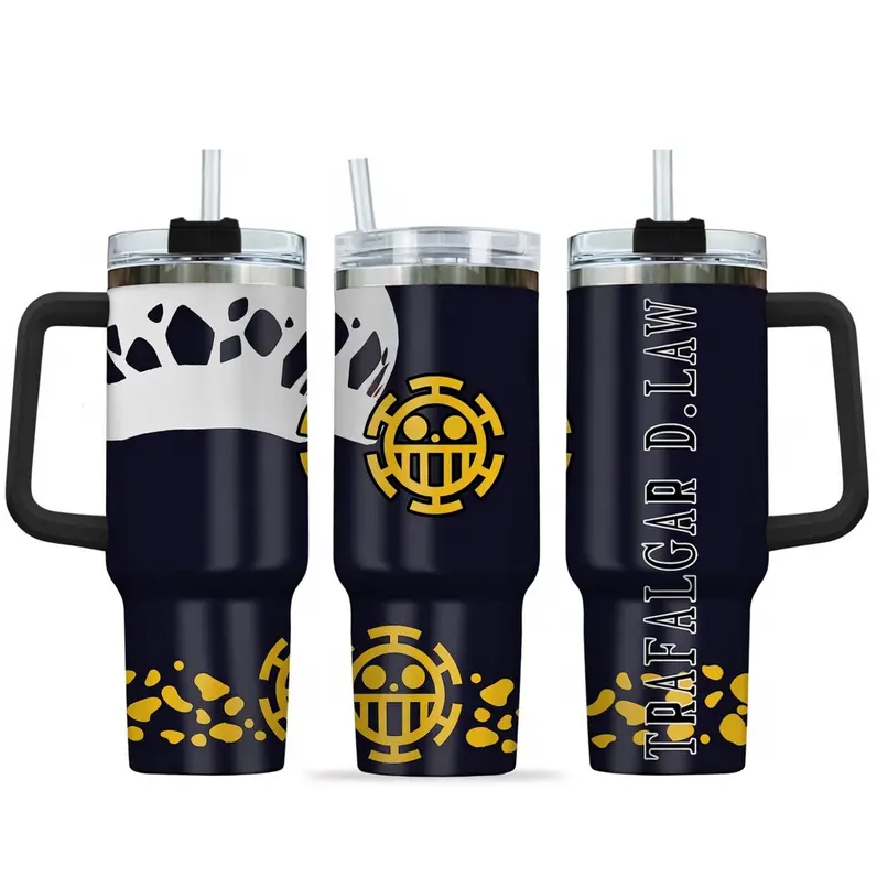 [HIKISTREET] Trafalgar D. Law One Piece 40oz Tumbler with Handle and Straw, Stainless Steel Vacuum Insulated Cup, OP Jolly Roger Skull Design, Anime Merch, Anime Tumbler