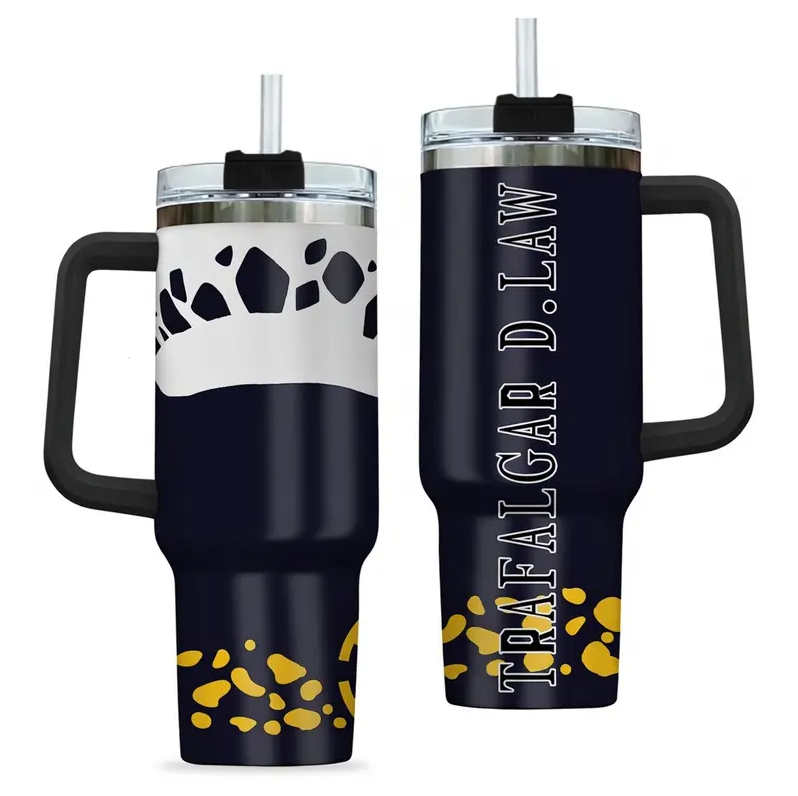 [HIKISTREET] Trafalgar D. Law One Piece 40oz Tumbler with Handle and Straw, Stainless Steel Vacuum Insulated Cup, OP Jolly Roger Skull Design, Anime Merch, Anime Tumbler
