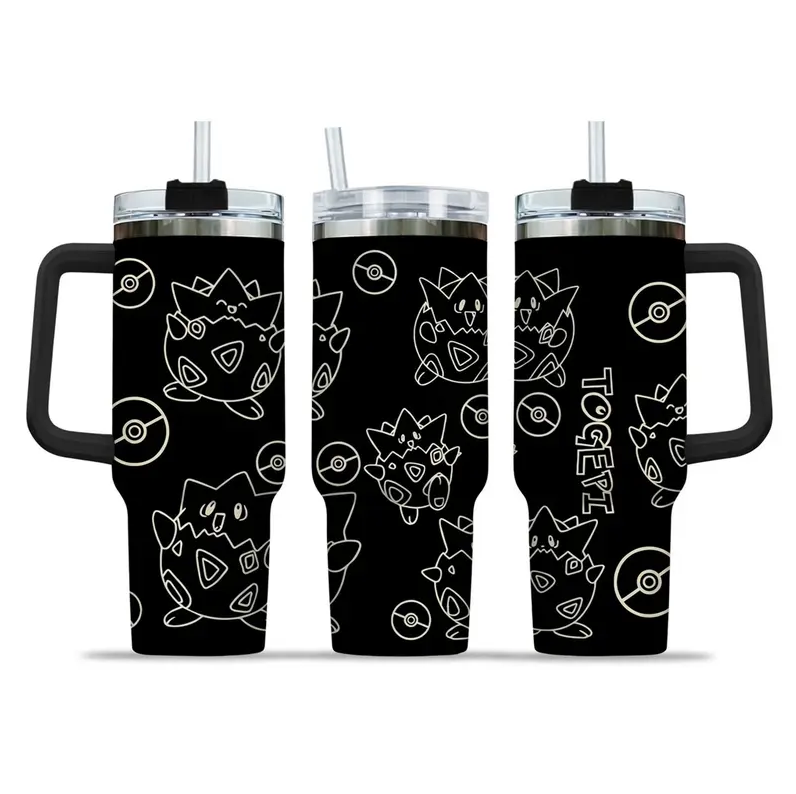 [HIKISTREET] Togepi Pokemon 40oz Tumbler with Handle and Straw, Stainless Steel Vacuum Insulated Cup, Pocket Monster Design, Anime Merch, Anime Tumbler