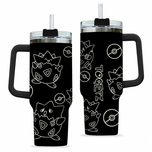 [HIKISTREET] Togepi Pokemon 40oz Tumbler with Handle and Straw, Stainless Steel Vacuum Insulated Cup, Pocket Monster Design, Anime Merch, Anime Tumbler