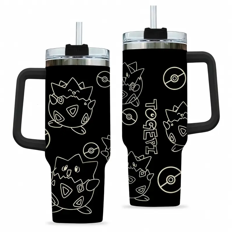 [HIKISTREET] Togepi Pokemon 40oz Tumbler with Handle and Straw, Stainless Steel Vacuum Insulated Cup, Pocket Monster Design, Anime Merch, Anime Tumbler